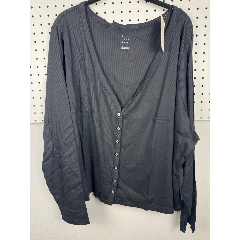 A New Day Women 4X Ribbed Knit Button Down Cardigan V-Neck Long Sleeve Black Top